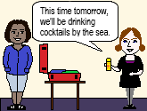 This time tomorrow, we'll be drinking cocktails by the sea (future continuous).